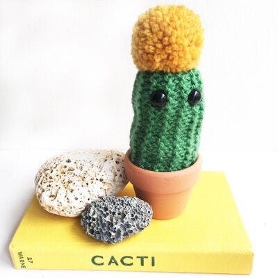 Mustard Pompom knitted moon cactus in a terracotta pot, ideal birthday gift or home decor