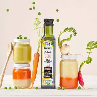 Olio per bambini biologico, copre il fabbisogno di Omega 3, 6 e 9, vitamina E e DHA - 25cl