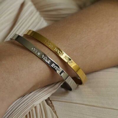 Open Your Eyes Engraved Silver Steel Bangle