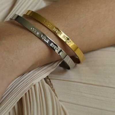 Open Your Eyes Engraved Silver Steel Bangle