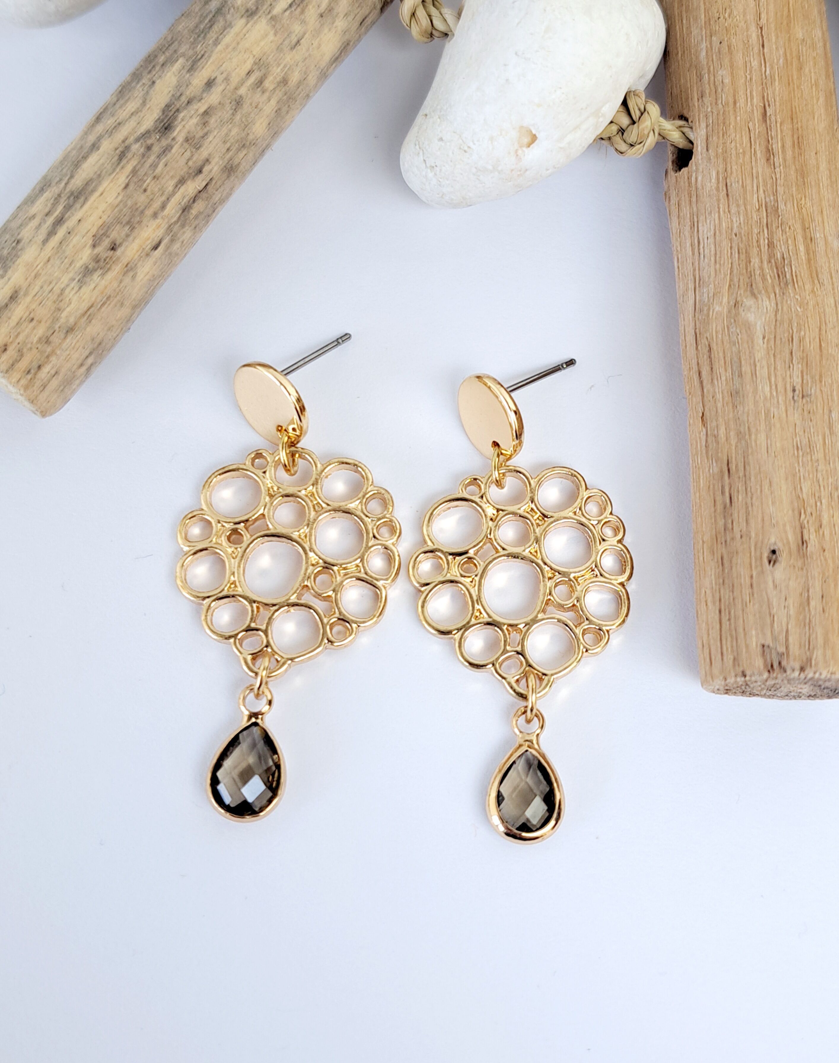 orecchini - pietra - fiore - oro - fumo