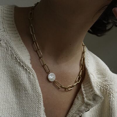Romantische Halskette aus Stahl, Perle, rechteckiges Glied