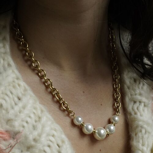 Collier acier romantique grosse chaine et perles