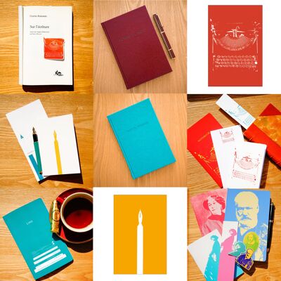 Paquete de implementación de papelería "Writing": cuaderno A5 y A6 + postales + marcapáginas + pegatinas + bloc de notas (escritura, pluma, bolígrafo, máquina de escribir, escritores)