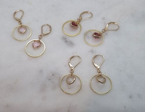 3 paar oorbellen - stone - hartjes - gold -  rood/roze/wit