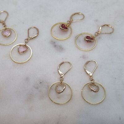 3 pairs of earrings - stone - hearts - gold - red/pink/white