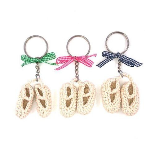 sustainable set of key chains with organic cotton baby slippers - set of 3 - off-white with colored ribbons - hand crocheted in Nepal - crochet shoes keychain