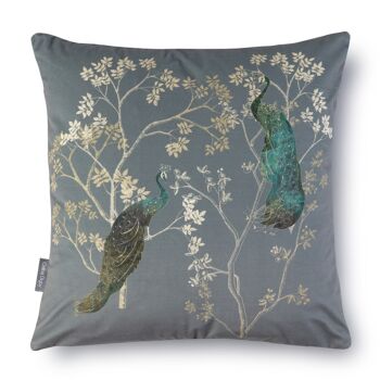 Celina Digby Oreiller de canapé en velours super doux de luxe 43 x 43 cm avec rembourrage rembourré, motif plume d'oiseau opulent gris paon 1