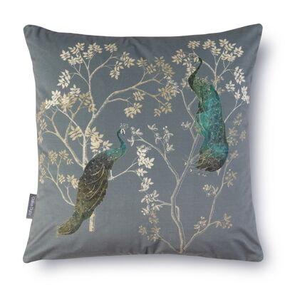Celina Digby Luxury Super Soft Velvet Sofa Cushion Pillow 43x43cm with Padded Filling, Peacock Grey Opulent Bird Feather Design