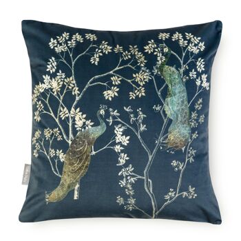 Celina Digby Oreiller de canapé en velours super doux de luxe 43x43cm avec rembourrage rembourré, bleu marine paon, plume d'oiseau opulente et motif floral 1