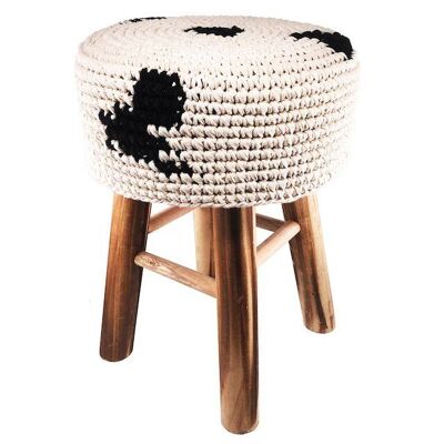 sustainable children's stool with cow cover made of cotton & wood - off-white with black spots - hand crocheted in Nepal - kids stool with cow cover