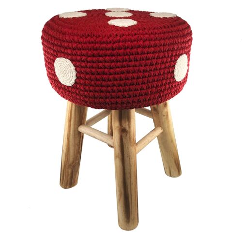 sustainable children's stool with mushroom cover made of cotton & wood - red with white dots - hand crocheted in Nepal - kids stool mushroom cover