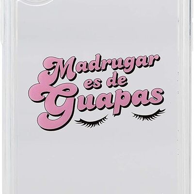 La Vecina Rubia Carcasa para iPhone X y iPhone XS transparente con purpurina plateada y texto "Madrugar es de Guapas" diseño exclusivo