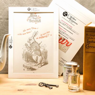 Affiche Letterpress Lapin à la Montre, Alice au Pays des Merveilles, A4, vintage, littérature, chambre d'enfant, orange fluo