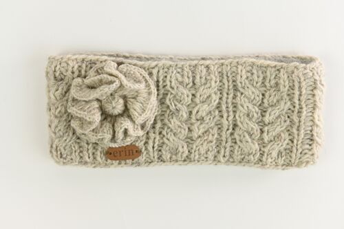 PK927 Aran Cable Headband with Flower Oatmeal