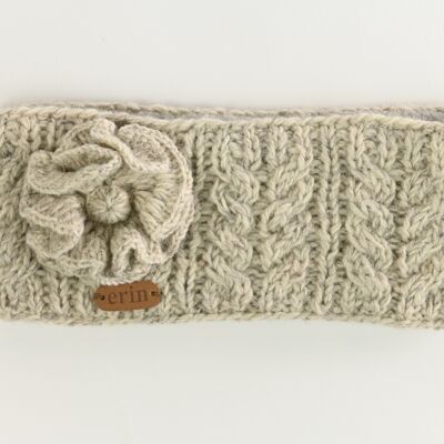 PK927 Aran Cable Headband with Flower Oatmeal