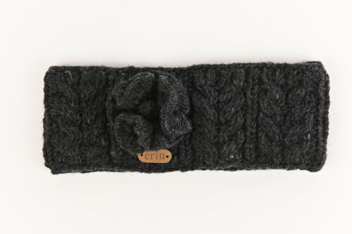 PK927 Aran Cable Headband with Flower Charcoal