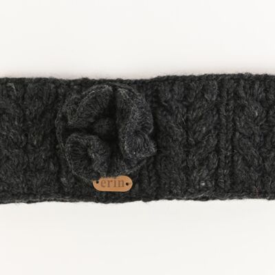 PK927 Aran Cable Headband with Flower Charcoal