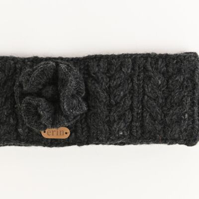 PK927 Aran Cable Headband with Flower Charcoal