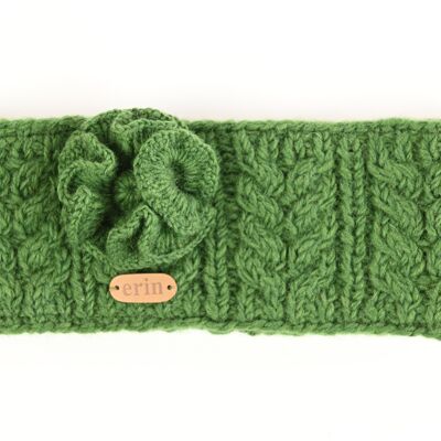 PK927 Aran Cable Headband with Flower Green