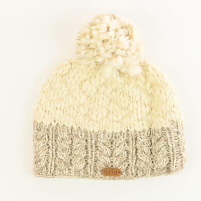 PK1331 Uneven Wool Bobble Hat with Cable Band Beige