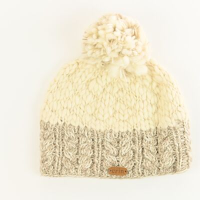 PK1331 Uneven Wool Bobble Hat with Cable Band Beige