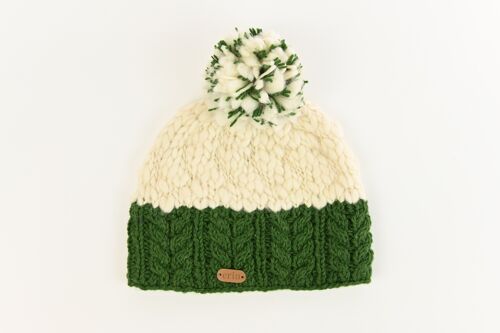 PK1331 Uneven Wool Bobble Hat with Cable Band Green