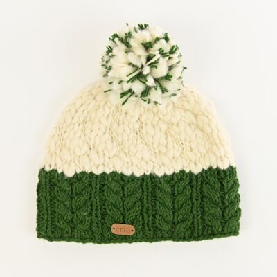 PK1331 Uneven Wool Bobble Hat with Cable Band Green