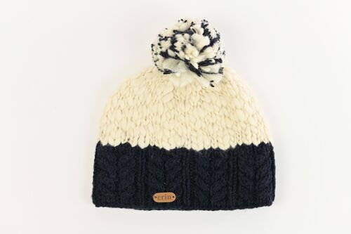 PK1331 Uneven Wool Bobble Hat with Cable Band Navy