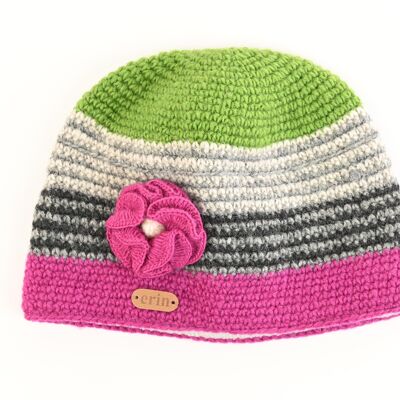 PK1421 Gorro de ganchillo con flor Verde / Rosa