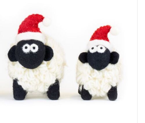 Knitted Wool Standing Mountain Sheep with Santa Hat Small