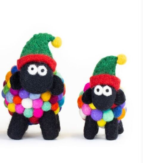 Felt Wool Standing Multicolour Sheep with Elf Hat Small