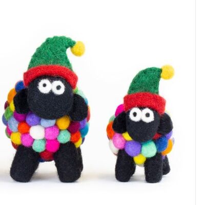 Felt Wool Standing Multicolour Sheep with Elf Hat Small