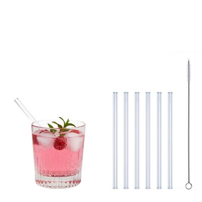 6 clear glass drinking straws "Kleiner Pimpf" (15 cm) + cleaning brush - nylon