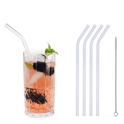 4 clear glass drinking straws "Knorker Kerl mit Kink" (23 cm) + cleaning brush - nylon
