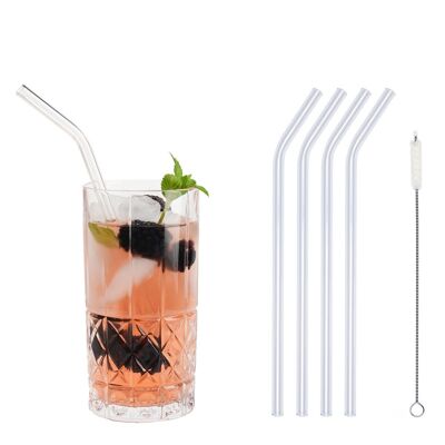 4 clear glass drinking straws "Knorker Kerl mit Kink" (23 cm) + cleaning brush - cotton