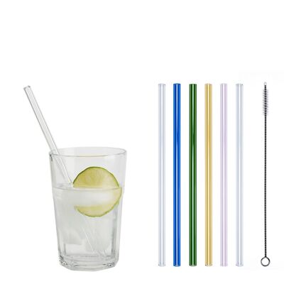 6 colorful glass straws "Jack of all trades" (20 cm) + cleaning brush - nylon