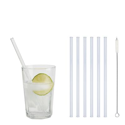6 clear glass drinking straws "Jack of all trades" (20 cm) + cleaning brush - nylon