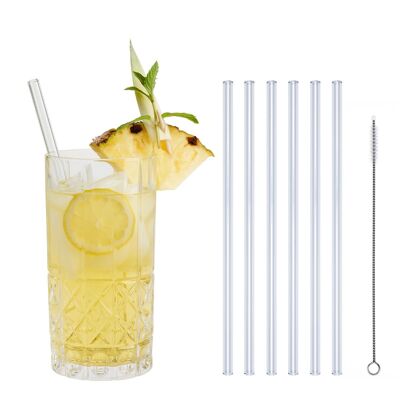 6 clear glass drinking straws "Knorker Kerl" (23 cm) + cleaning brush - nylon