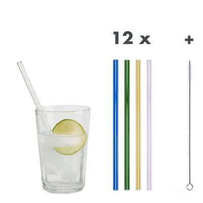 48 colorful glass drinking straws "Jack of all trades" (20 cm) + cleaning brush - nylon