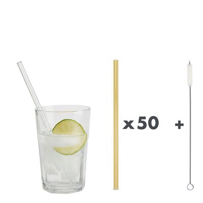 50 yellow glass straws "Jack of all trades" (20 cm) + cleaning brush - cotton