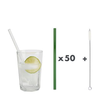 50 green glass straws "Jack of all trades" (20 cm) + cleaning brush - cotton
