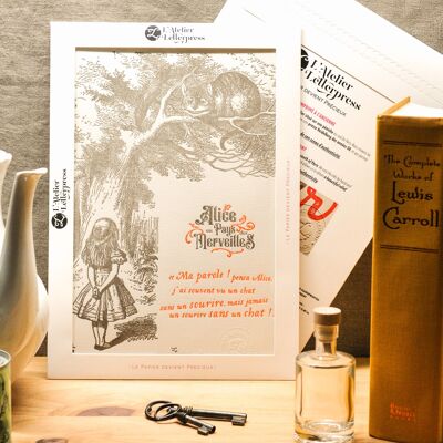 Cartel Cheshire Cat Letterpress, Alicia en el país de las maravillas, A4, vintage, literatura, habitación infantil, naranja neón