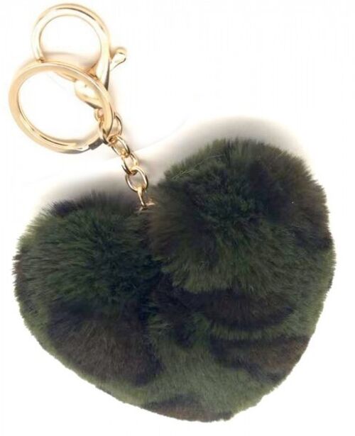 KY414-001D Fluffy Keychain Heart 9cm Leopard Green