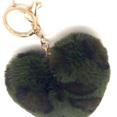 KY414-001D Fluffy Keychain Heart 9cm Leopard Green
