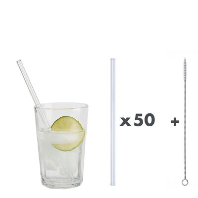 50 clear glass drinking straws "Jack of all trades" (20 cm) + cleaning brush - nylon