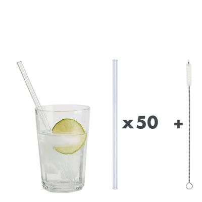 50 clear glass drinking straws "Jack of all trades" (20 cm) + cleaning brush - cotton