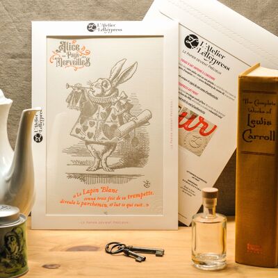 Letterpress poster Rabbit with Trumpet, Alice in Wonderland, A4, vintage, literature, children's room, neon orange