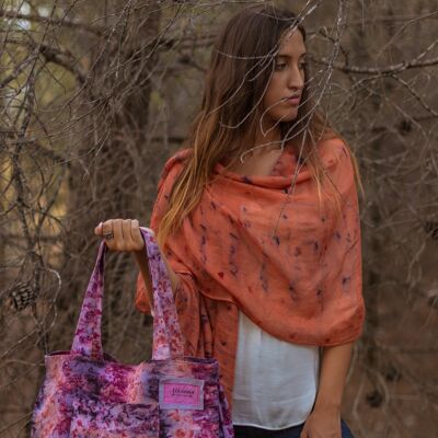 Hand-dyed "orange & purple" wool-silk scarf.