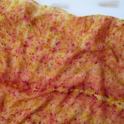 Hand-dyed "marigold touches" wool-silk scarf.